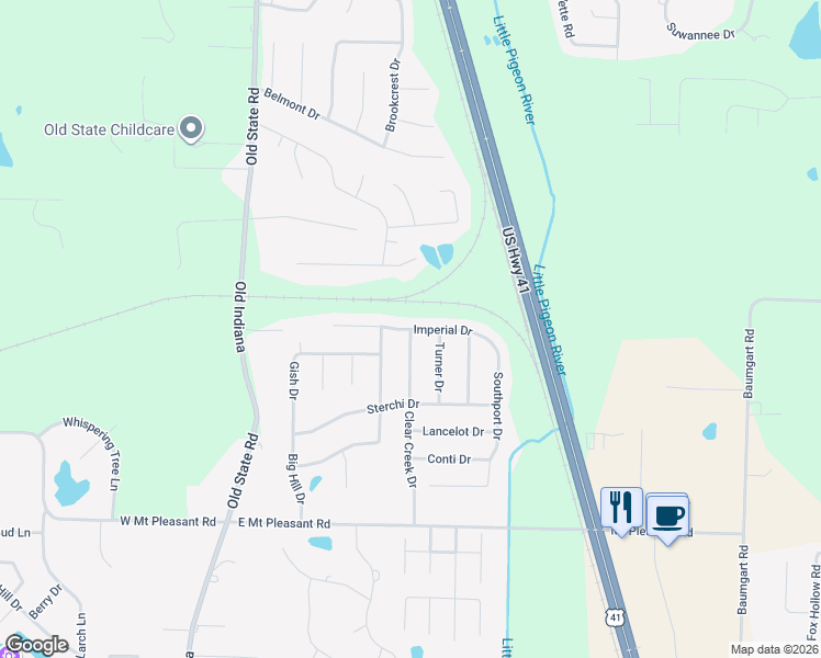 map of restaurants, bars, coffee shops, grocery stores, and more near 9399 Clear Creek Drive in Evansville