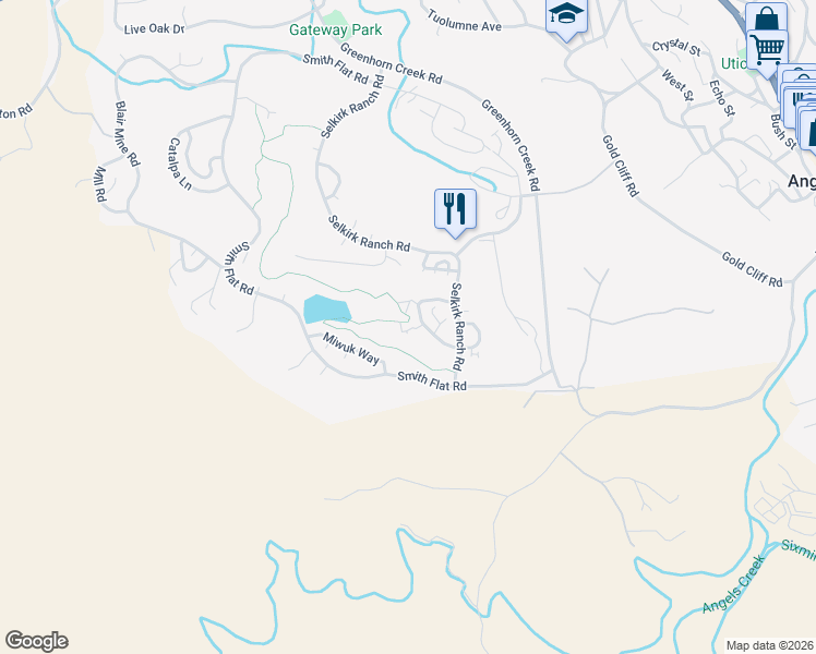 map of restaurants, bars, coffee shops, grocery stores, and more near 777 Grinding Rock Road in Angels Camp