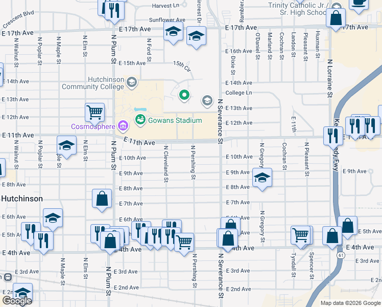 map of restaurants, bars, coffee shops, grocery stores, and more near 1001 North Pershing Street in Hutchinson