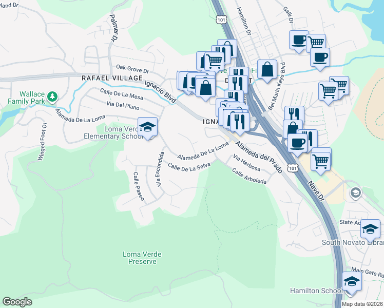 map of restaurants, bars, coffee shops, grocery stores, and more near 40 Corte Alta in Novato