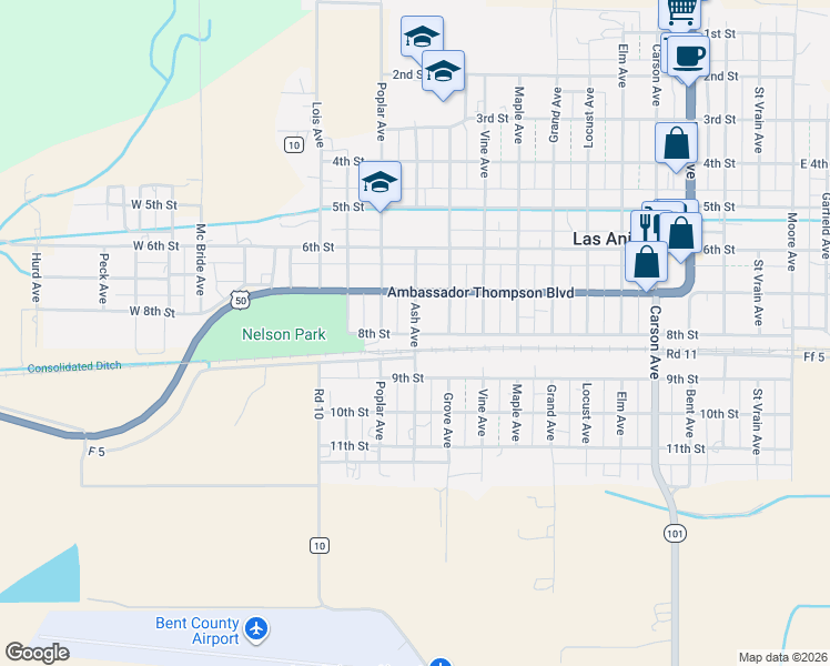 map of restaurants, bars, coffee shops, grocery stores, and more near 1100 8th Street in Las Animas