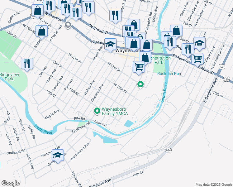 map of restaurants, bars, coffee shops, grocery stores, and more near 435 Market Ave in Waynesboro