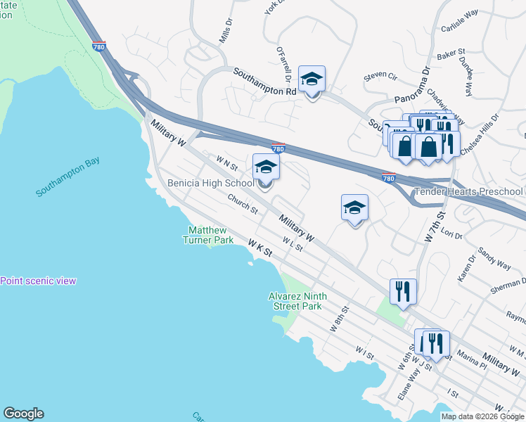 map of restaurants, bars, coffee shops, grocery stores, and more near 1135 Church Street in Benicia