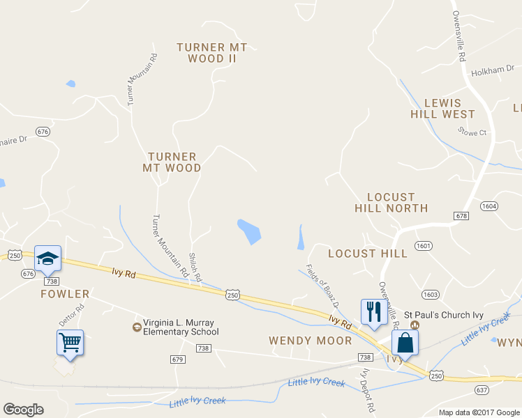 map of restaurants, bars, coffee shops, grocery stores, and more near 1125 Shiloh Road in Charlottesville