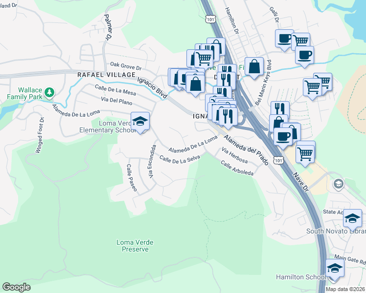 map of restaurants, bars, coffee shops, grocery stores, and more near 40 Corte Alta in Novato