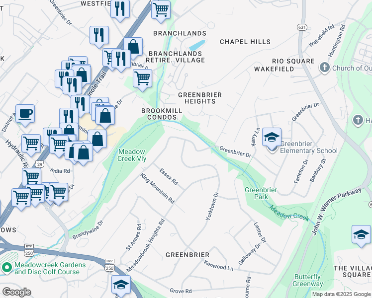 map of restaurants, bars, coffee shops, grocery stores, and more near 1834 Yorktown Drive in Charlottesville