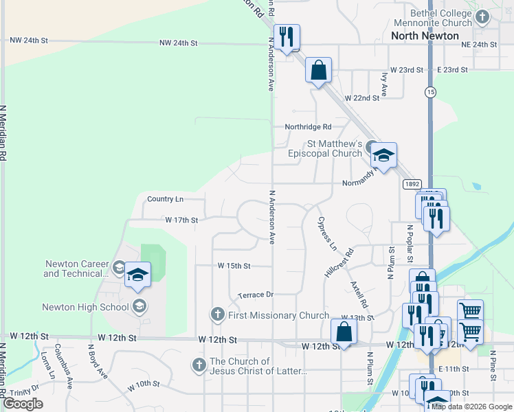 map of restaurants, bars, coffee shops, grocery stores, and more near 1909 Cypress Lane in Newton