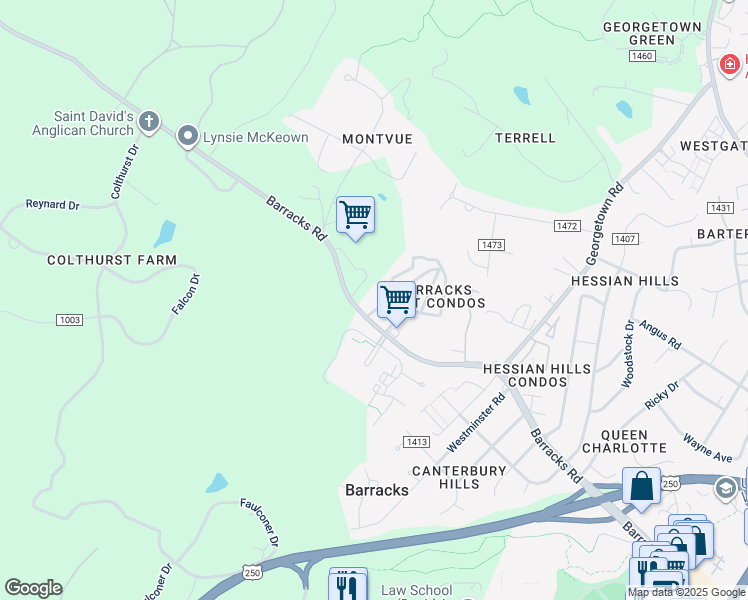 map of restaurants, bars, coffee shops, grocery stores, and more near 215 Saponi Lane in Charlottesville