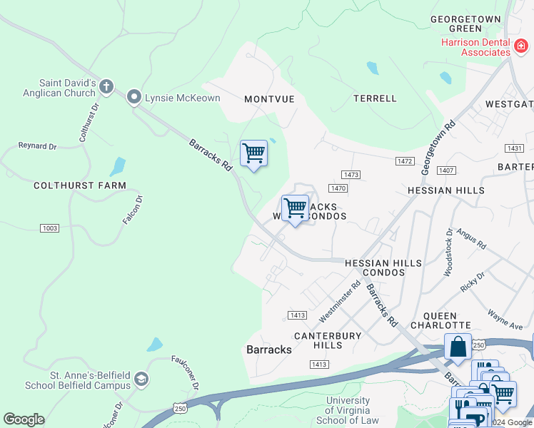 map of restaurants, bars, coffee shops, grocery stores, and more near 215 Saponi Lane in Charlottesville