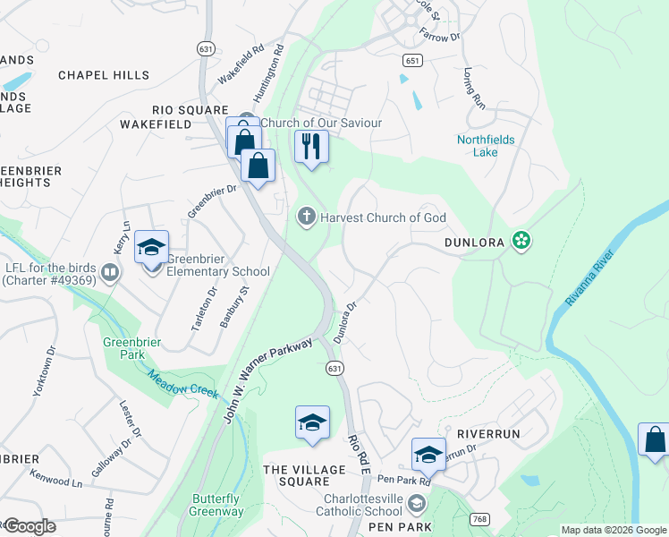 map of restaurants, bars, coffee shops, grocery stores, and more near 1640 Fowler Ridge Court in Charlottesville