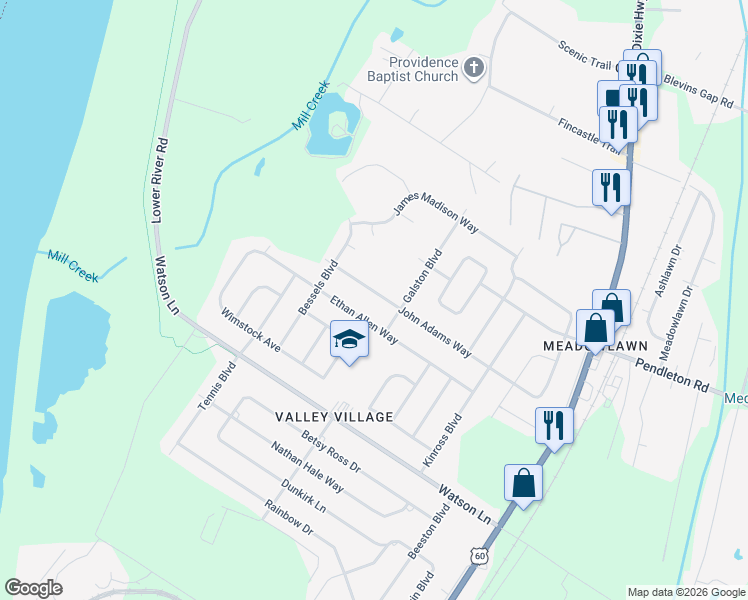 map of restaurants, bars, coffee shops, grocery stores, and more near 7006 John Adams Way in Louisville