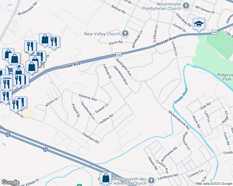map of restaurants, bars, coffee shops, grocery stores, and more near 1065 Fairway Drive in Waynesboro