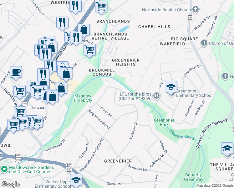map of restaurants, bars, coffee shops, grocery stores, and more near 1834 Yorktown Drive in Charlottesville