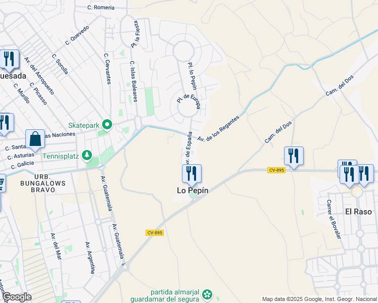 map of restaurants, bars, coffee shops, grocery stores, and more near 28 Avenida de España in Ciudad Quesada
