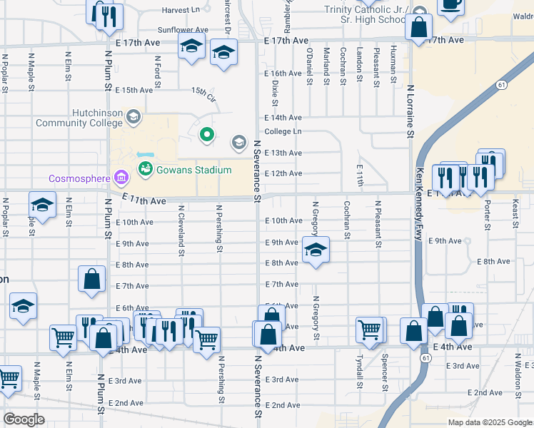 map of restaurants, bars, coffee shops, grocery stores, and more near 906 East 10th Avenue in Hutchinson