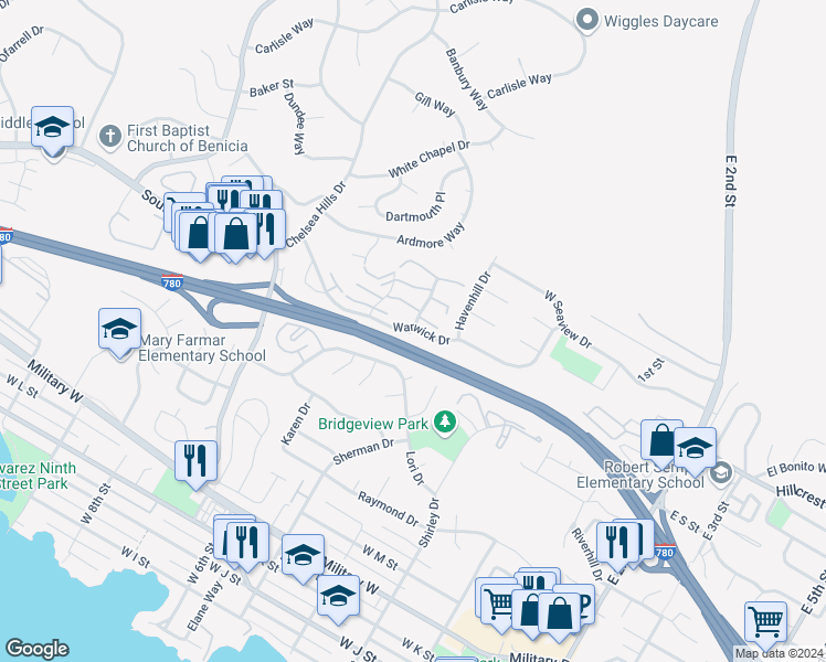 map of restaurants, bars, coffee shops, grocery stores, and more near 2015 Clearview Circle in Benicia