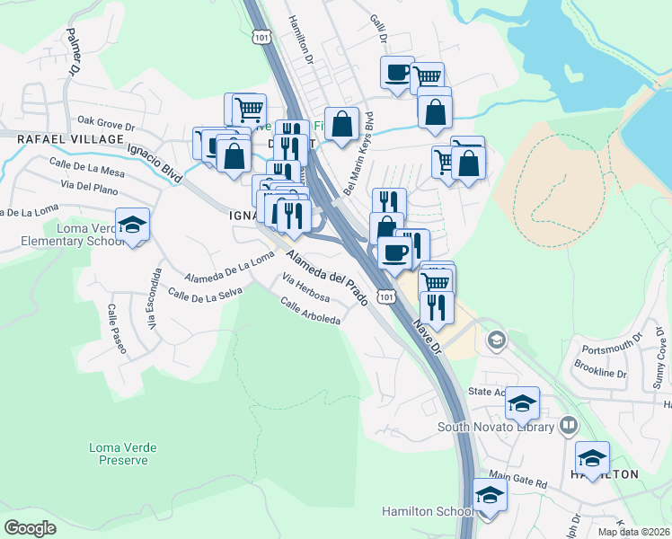 map of restaurants, bars, coffee shops, grocery stores, and more near 430 Alameda del Prado in Novato