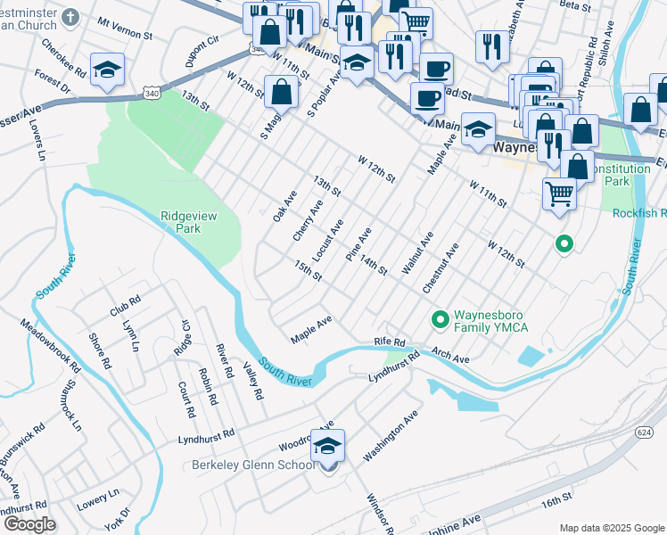 map of restaurants, bars, coffee shops, grocery stores, and more near 644 Pine Avenue in Waynesboro