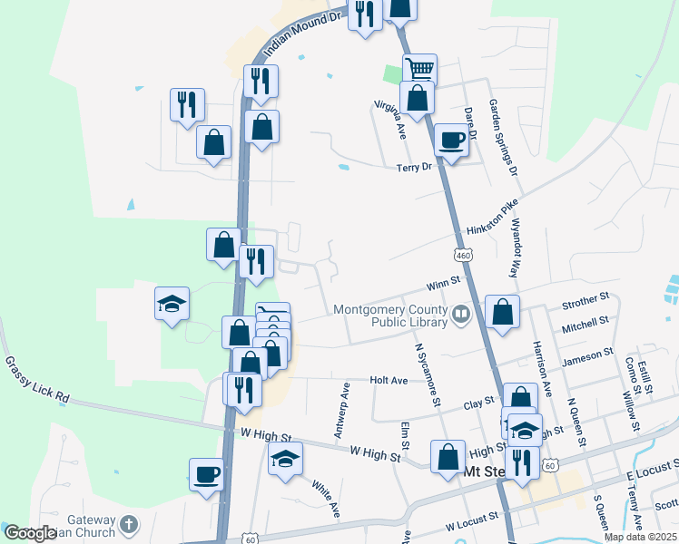 map of restaurants, bars, coffee shops, grocery stores, and more near 105 Briarwood Drive in Mount Sterling