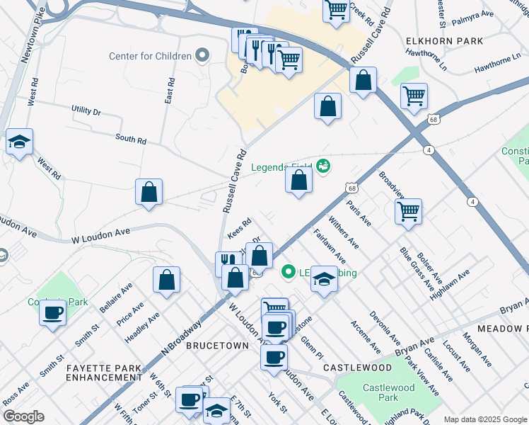 map of restaurants, bars, coffee shops, grocery stores, and more near 225 Twelfth Street in Lexington
