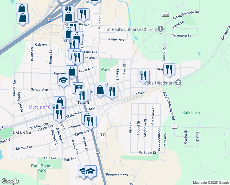 map of restaurants, bars, coffee shops, grocery stores, and more near 501 East Washington Street in Cuba