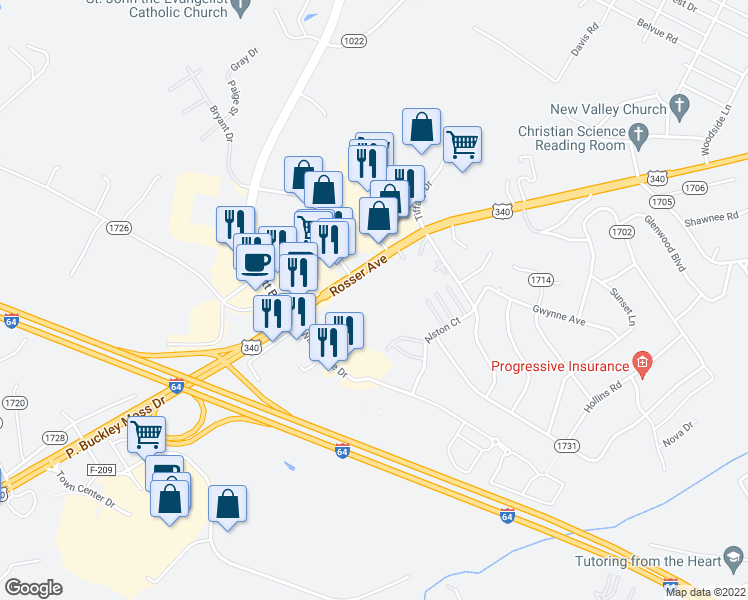 map of restaurants, bars, coffee shops, grocery stores, and more near 1930 Rosser Avenue in Waynesboro
