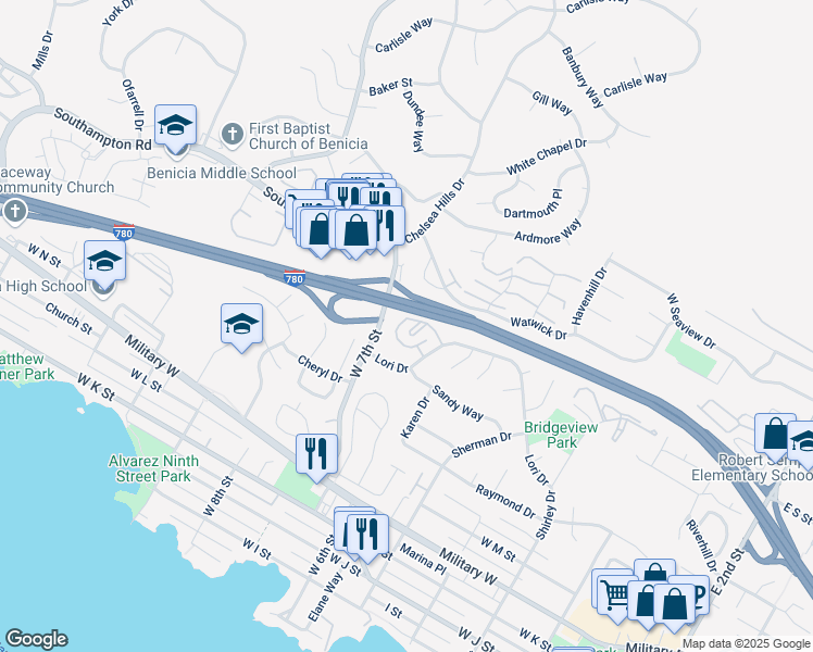 map of restaurants, bars, coffee shops, grocery stores, and more near 565 Lori Drive in Benicia