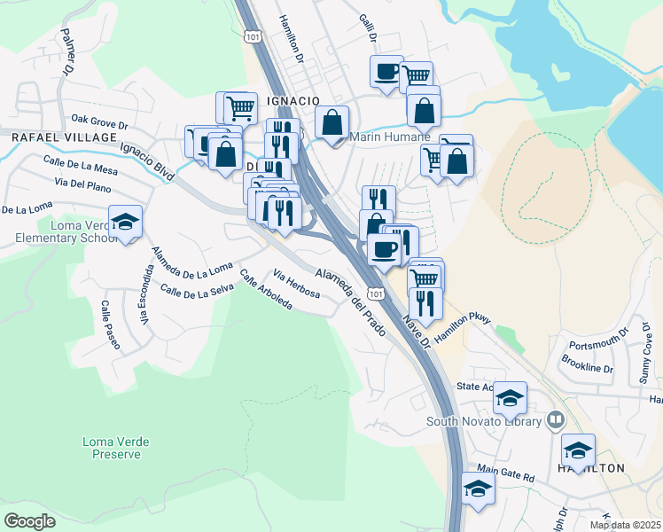 map of restaurants, bars, coffee shops, grocery stores, and more near 430 Alameda Del Prado in Novato