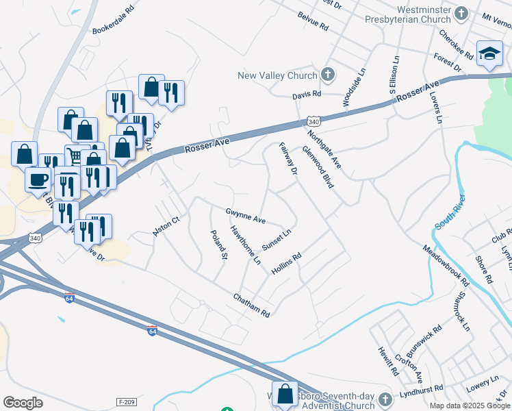 map of restaurants, bars, coffee shops, grocery stores, and more near 810 Fairway Dr in Waynesboro