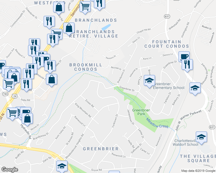 map of restaurants, bars, coffee shops, grocery stores, and more near 1901 Brandywine Drive in Charlottesville