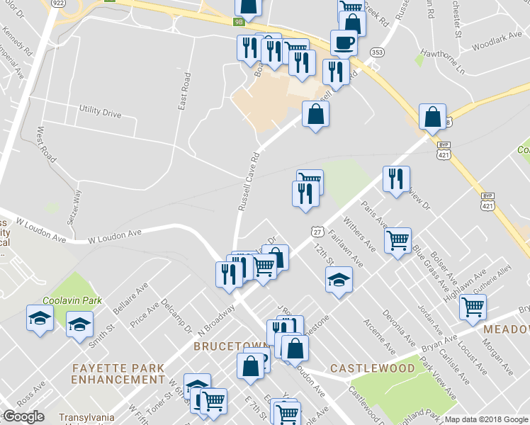 map of restaurants, bars, coffee shops, grocery stores, and more near 1101 Kees Road in Lexington