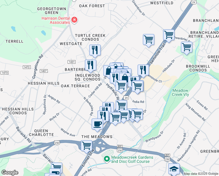 map of restaurants, bars, coffee shops, grocery stores, and more near 2211 State Route 743 in Charlottesville
