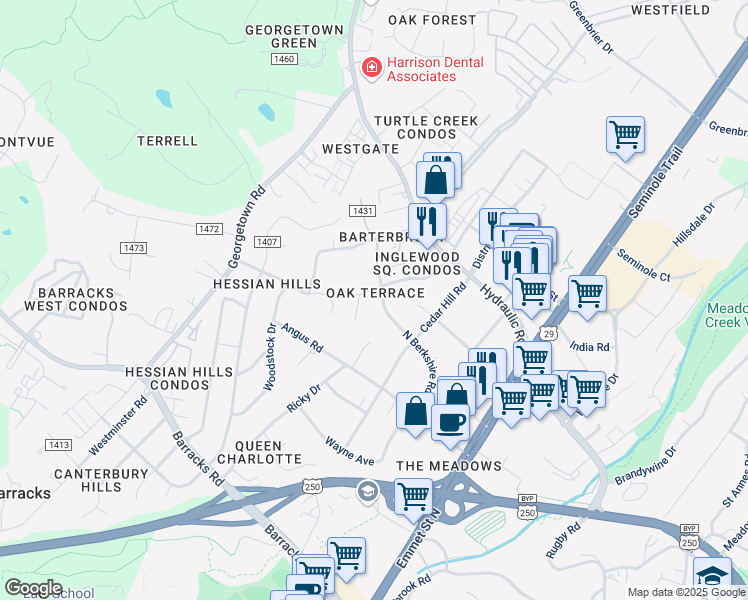 map of restaurants, bars, coffee shops, grocery stores, and more near 2321 County Road 1431 in Charlottesville