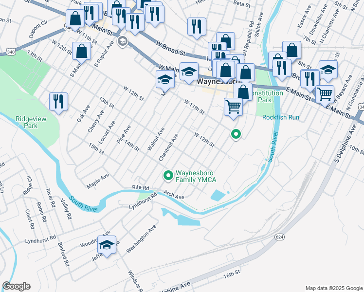 map of restaurants, bars, coffee shops, grocery stores, and more near 473 S Wayne Ave in Waynesboro