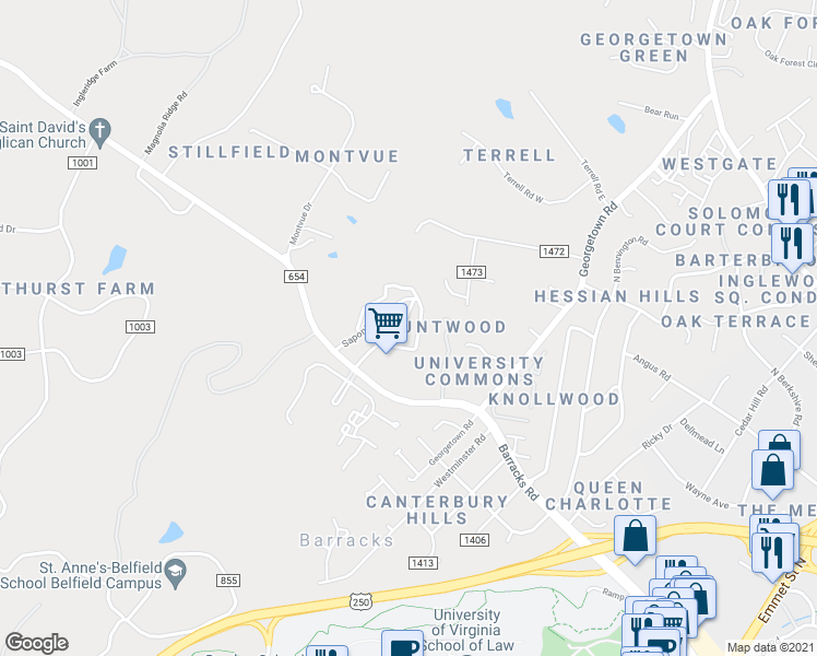 map of restaurants, bars, coffee shops, grocery stores, and more near 2687 Barracks Road in Charlottesville