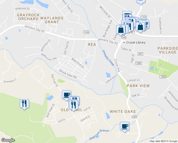 map of restaurants, bars, coffee shops, grocery stores, and more near 1255 Haden Lane in Crozet