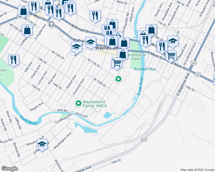 map of restaurants, bars, coffee shops, grocery stores, and more near 305 West 12th Street in Waynesboro