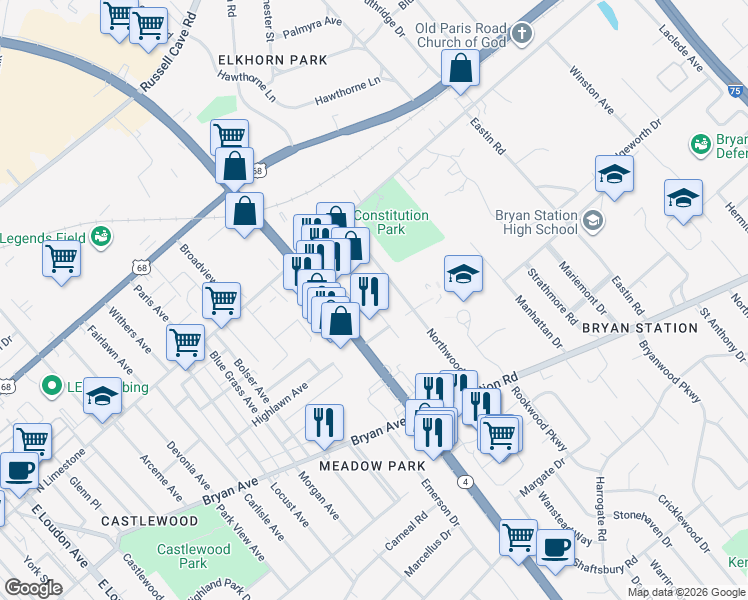 map of restaurants, bars, coffee shops, grocery stores, and more near 175 Bryan Center Drive in Lexington