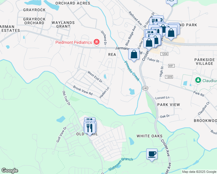 map of restaurants, bars, coffee shops, grocery stores, and more near 1267 Haden Lane in Crozet