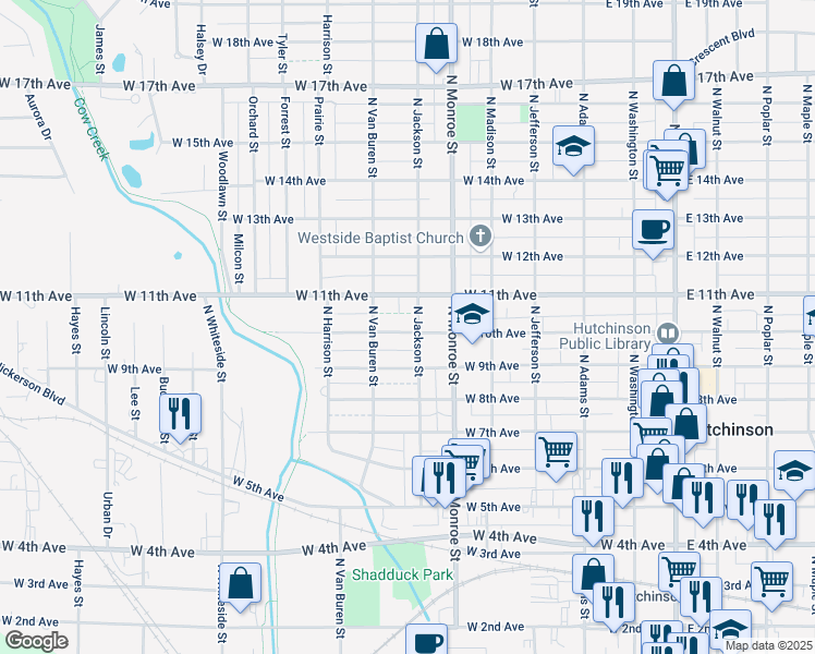 map of restaurants, bars, coffee shops, grocery stores, and more near 602 West 10th Avenue in Hutchinson