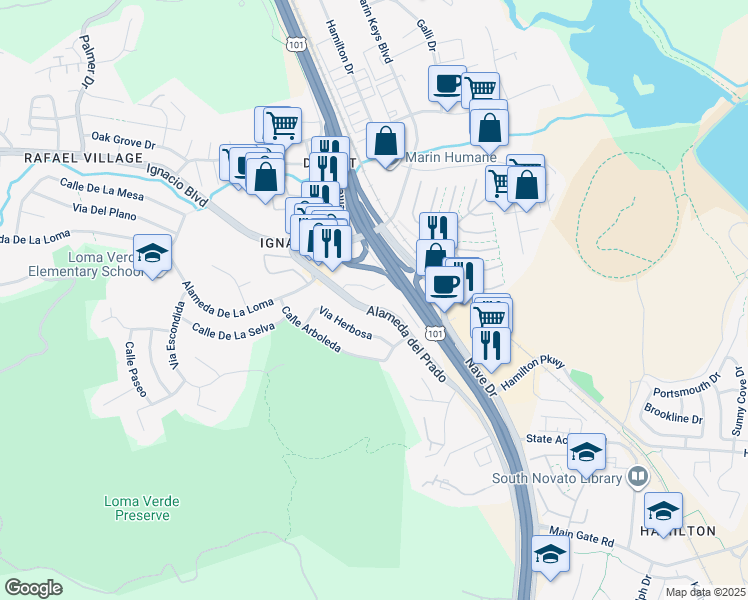 map of restaurants, bars, coffee shops, grocery stores, and more near 430 Alameda del Prado in Novato