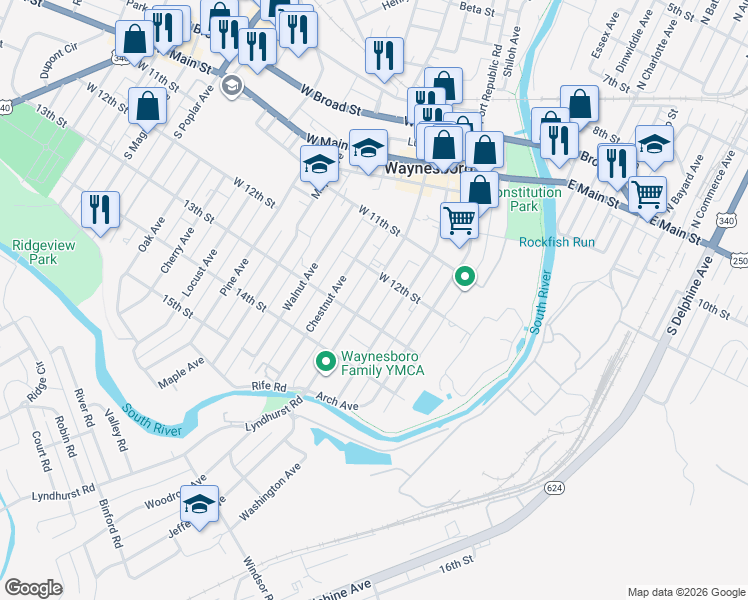 map of restaurants, bars, coffee shops, grocery stores, and more near 473 S Wayne Ave in Waynesboro