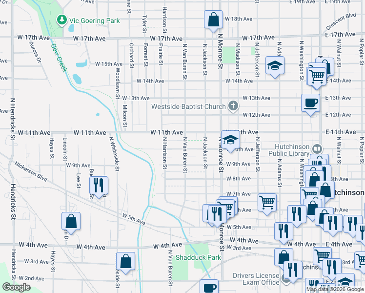 map of restaurants, bars, coffee shops, grocery stores, and more near 1001 North Van Buren Street in Hutchinson