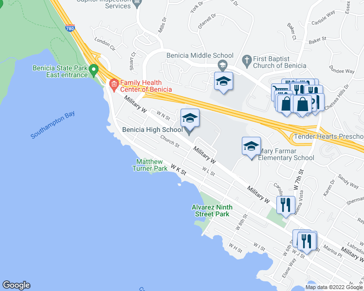 map of restaurants, bars, coffee shops, grocery stores, and more near 1135 Church Street in Benicia
