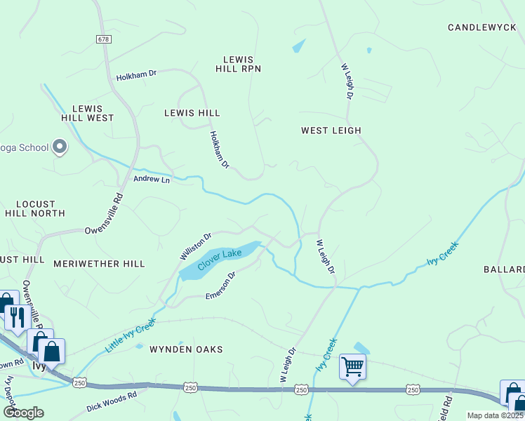 map of restaurants, bars, coffee shops, grocery stores, and more near 2386 Williston Drive in Charlottesville