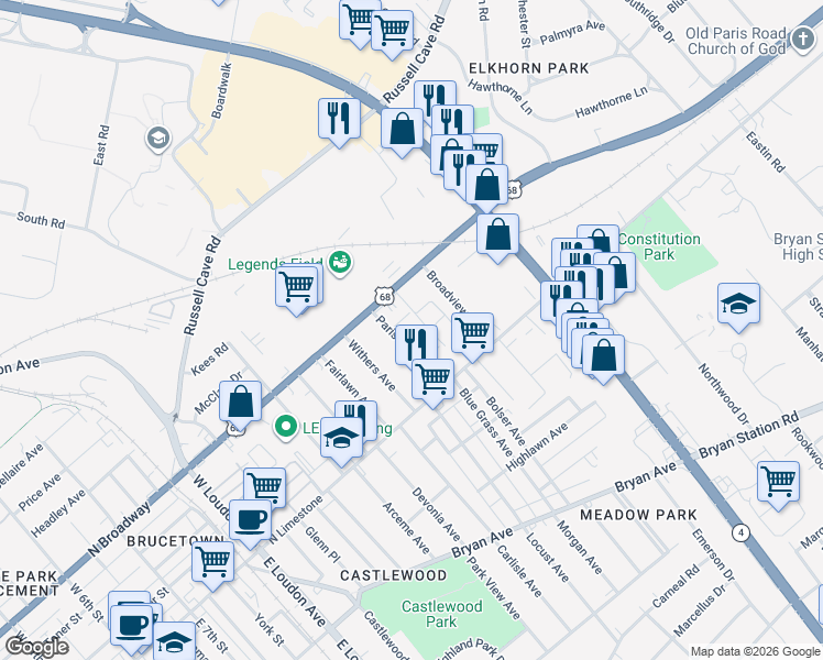map of restaurants, bars, coffee shops, grocery stores, and more near 1401 Suncrest Avenue in Lexington
