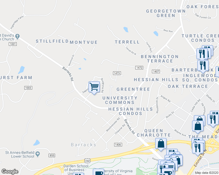 map of restaurants, bars, coffee shops, grocery stores, and more near 1012 Huntwood Lane in Charlottesville