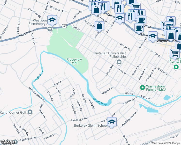 map of restaurants, bars, coffee shops, grocery stores, and more near 745 Oak Ave in Waynesboro