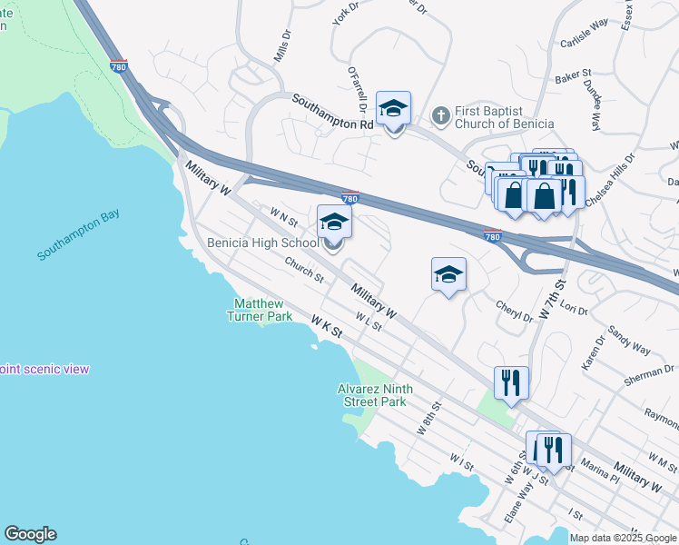 map of restaurants, bars, coffee shops, grocery stores, and more near 1101 Military West in Benicia