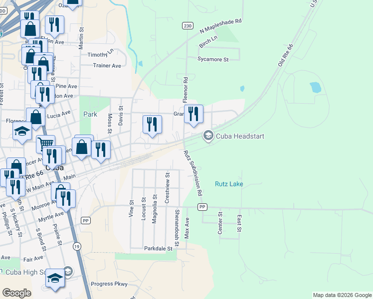 map of restaurants, bars, coffee shops, grocery stores, and more near 1 Hood Park Drive in Leasburg